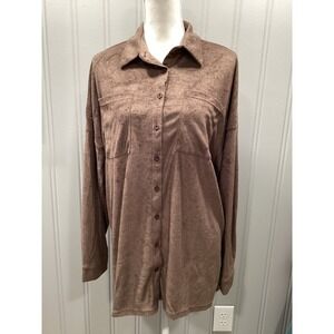PRETTYLITTLETHING Brown Plush Long Sleeve Button Up Shirt Top Women's S